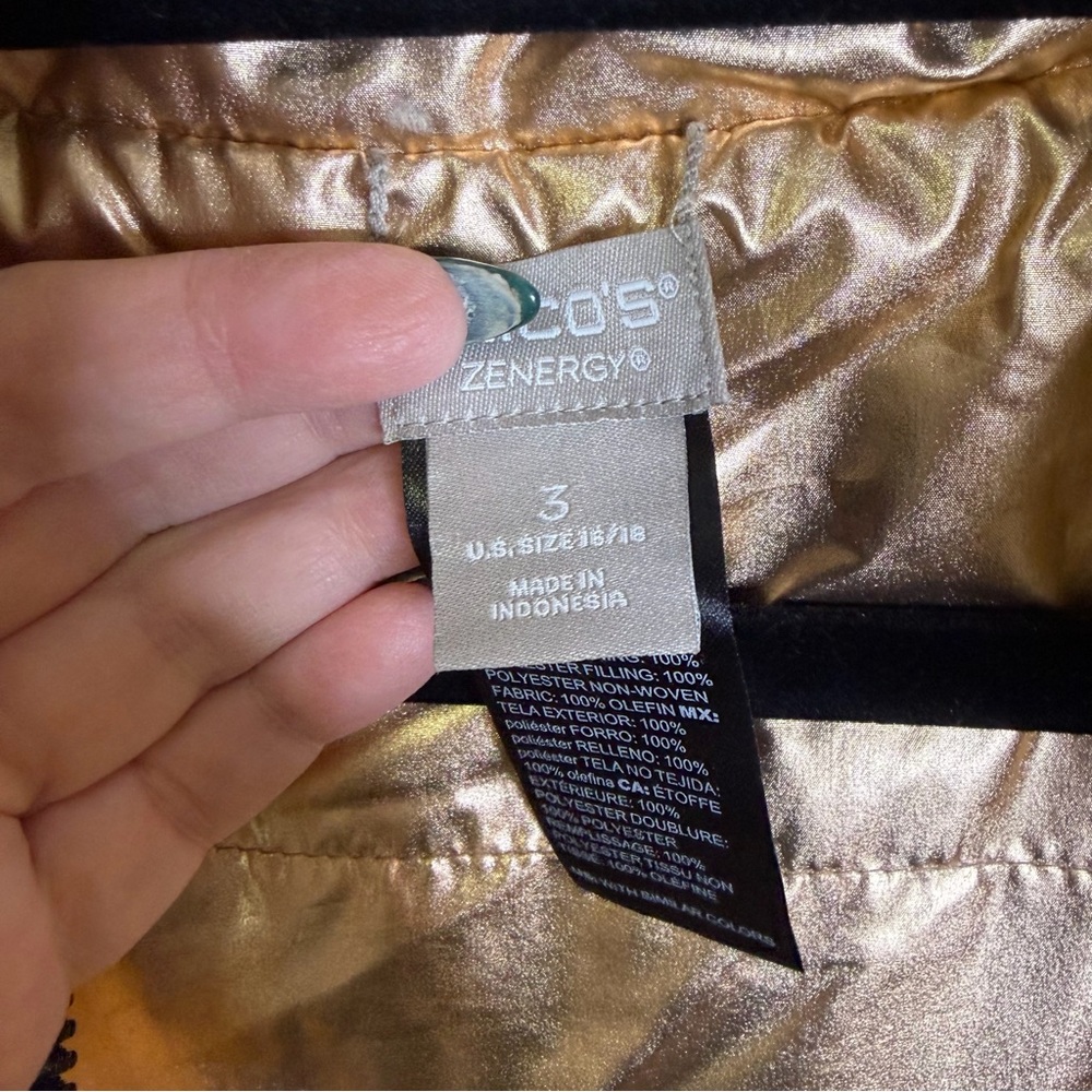 Chico's Rose Gold Black Tiger Print reversible Puffer Jacket metallic sz 16 18 - Picture 7 of 10